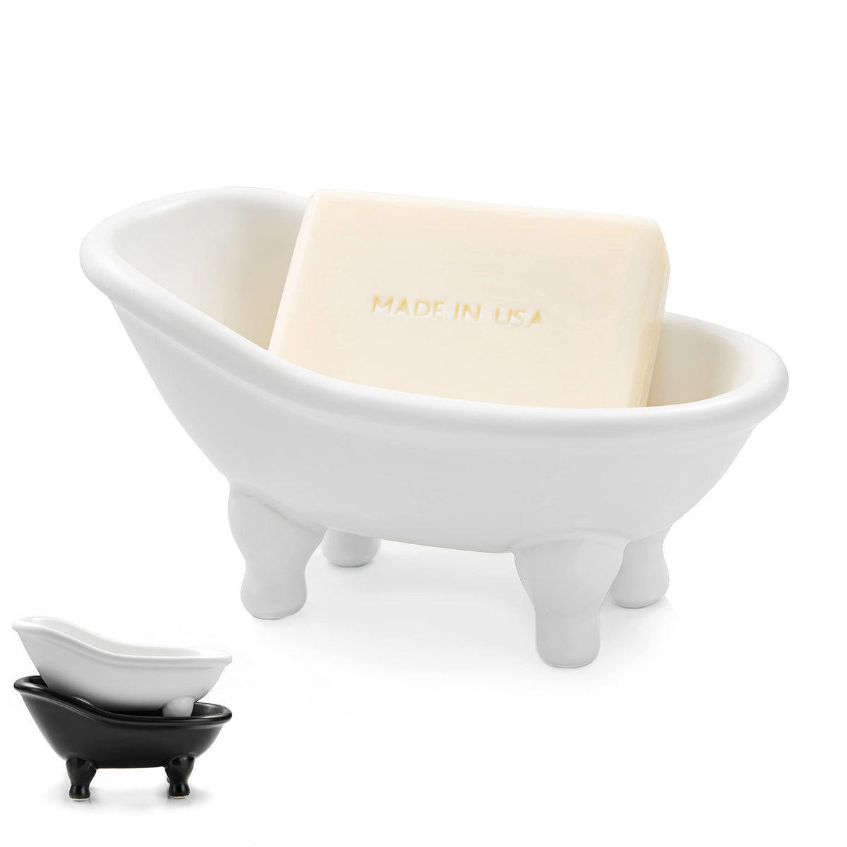 Soap Dish, Ceramic Soap Holder with Drainage for Shower, 1 Pack Bar Soap Tray, Keep Soap Dry & Easy Clean, Sponge Holder for Bathroom, Bathtub Kitchen Sink (Black)