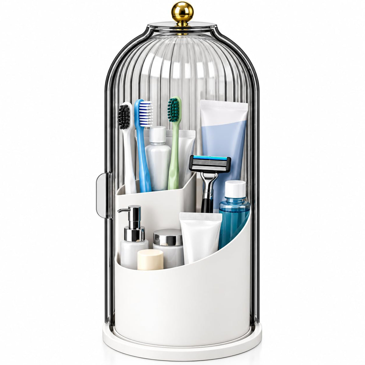 Rotating Toothbrush Holder with Cover, Storage for Bathroom, Dustproof Toothbrush Holder with Sliding Lid Electric Tooth Brush and Makeup Brush Organizer for Vanity, Dustproof with Cover