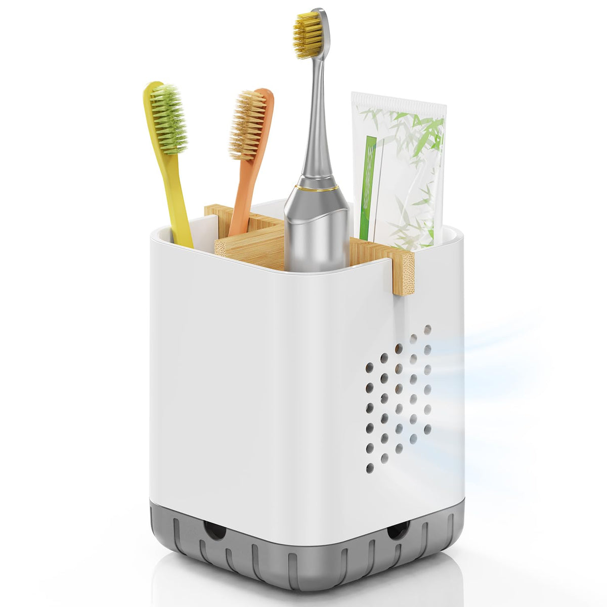 Boperzi Toothbrush Holder Toothpaste Organizer Drainage for Bathroom Vanity, Detachable Anti-Slip Brushed Nickel Toothpaste Storage Caddy 3 Slots with Drainage Holes for Makeup Brush Razor Stand