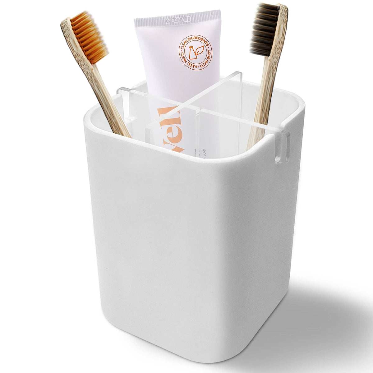 Toothbrush Holder with Bamboo Divider,Detachable for Easy Cleaning Multi-Functional Storage,2 Slots Electric Toothbrush and Toothpaste Organizer Caddy for Bathroom Vanity,Sink,Countertop (White)