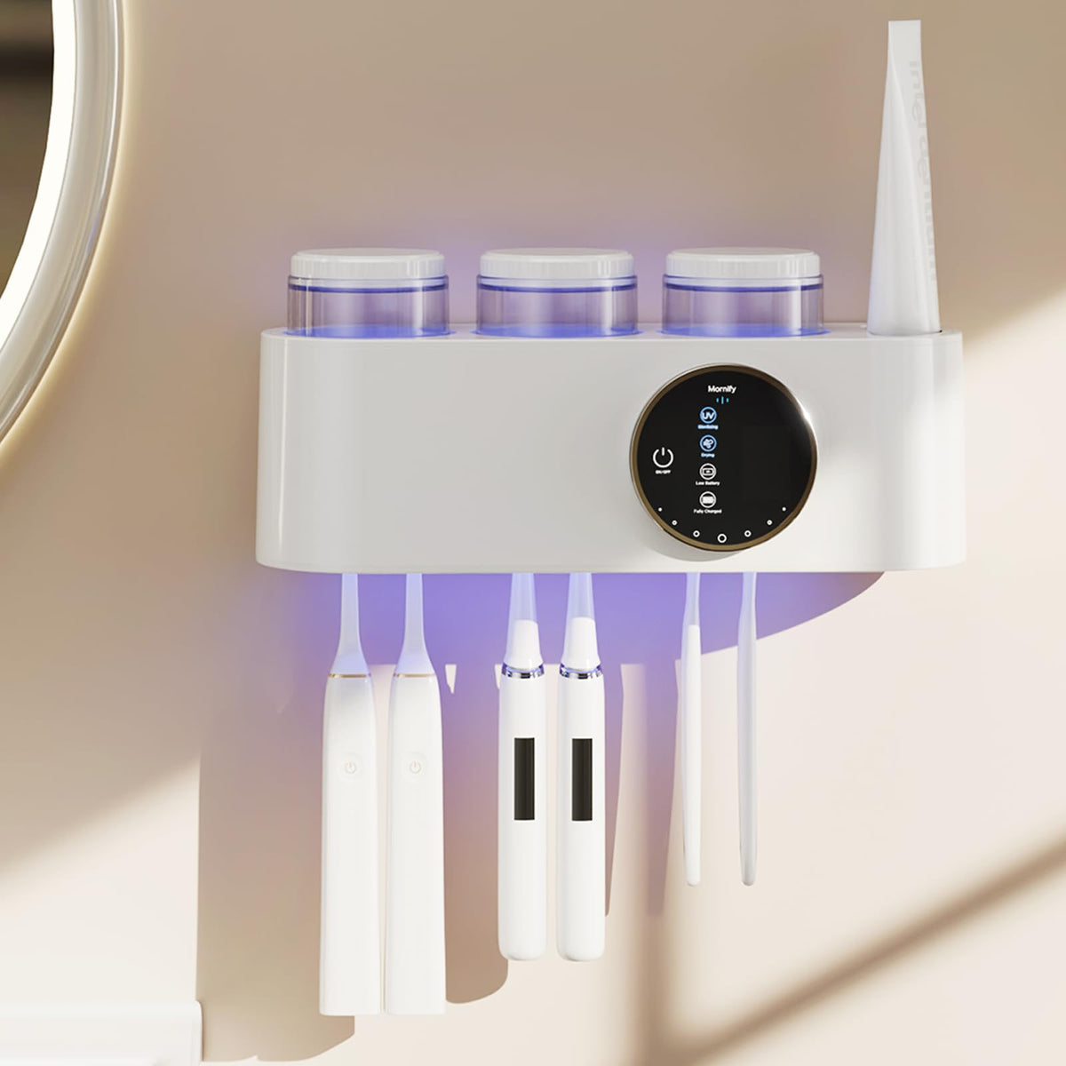 UV Toothbrush Sanitizer and Holder Wall Mounted, Electric Toothbrush Holder for Bathroom with UVA+UVC Light & Fan Dry, 6 Toothbrush Slots & 3 Cups, No-Drill Rechargeable Toothbrush Organizer(Black)