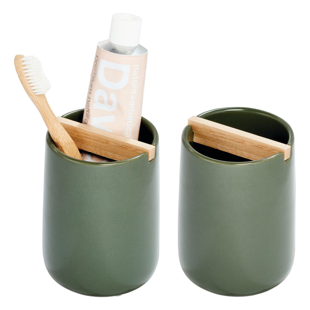 iDesign Ceramic Earth Collection Toothbrush Holder, Moss/Natural Wood