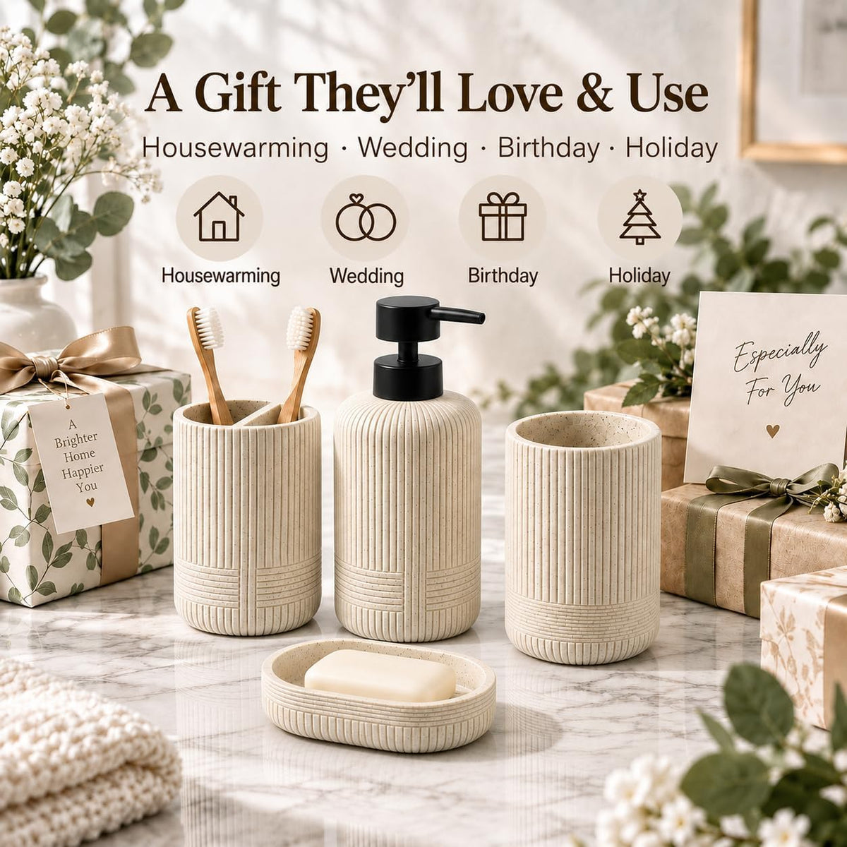 MRAXEL Beige Bathroom Accessory Set 4 Pieces, Toothbrush Holder Set, Resin