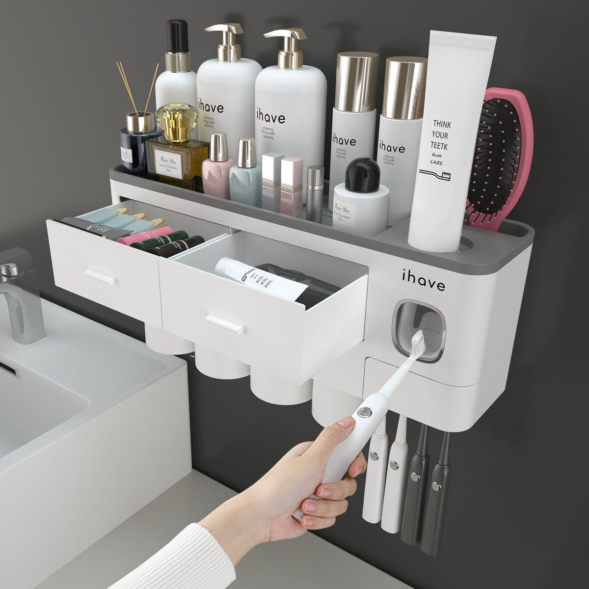 iHave Toothbrush Holders Wall Mounted with Toothpaste Dispenser & 2 Cups