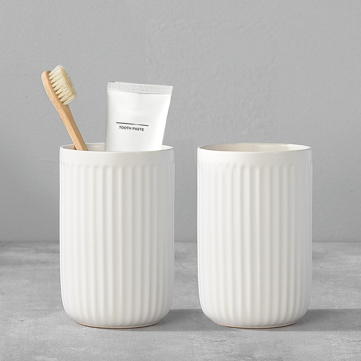Toothbrush Holders - 2 Cup Ceramic Toothbrush Toothpaste Holders Set, Beige Bathroom Tumbler Cups Reusable Toothbrush Mouthwash Cup, Bathroom Counter Organizer