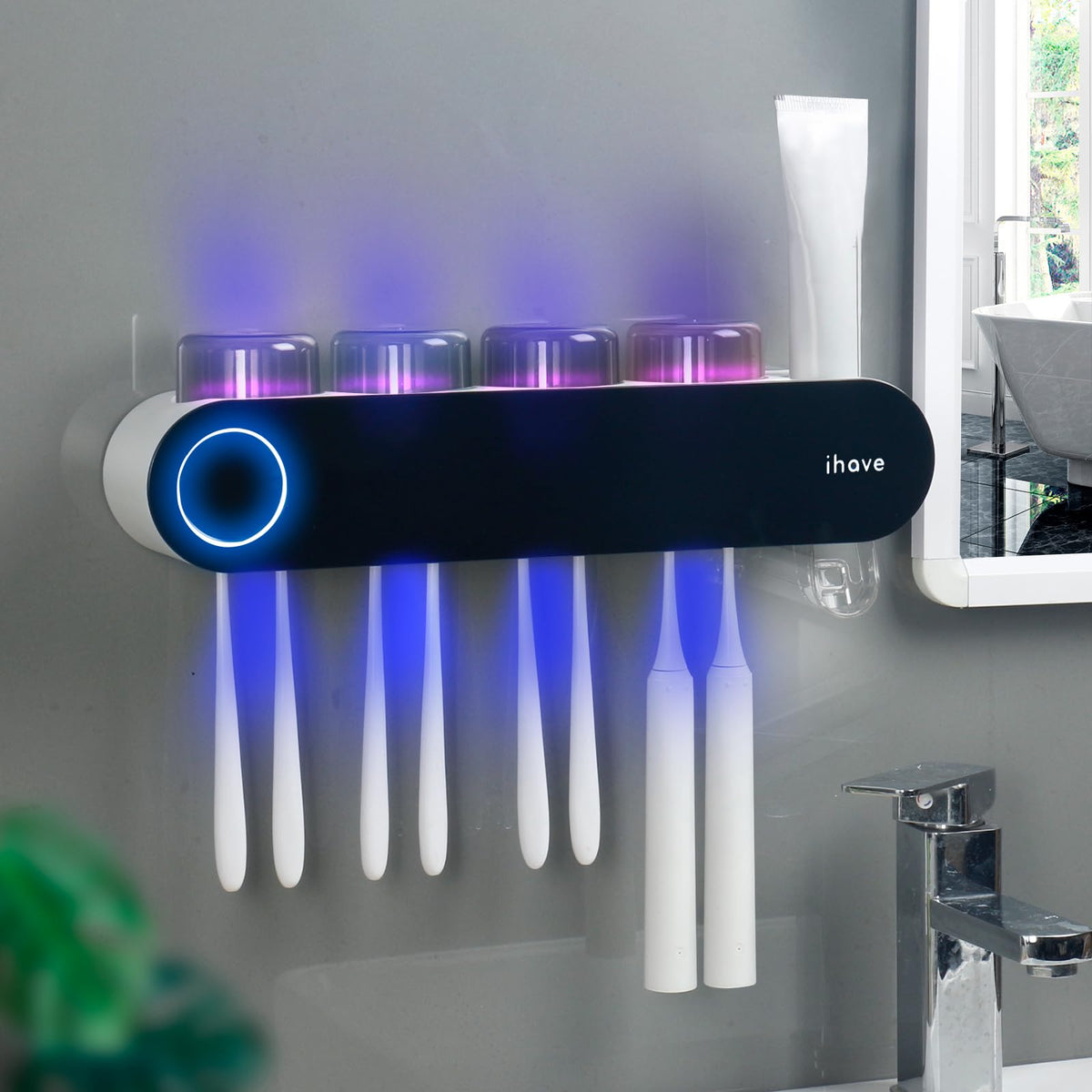 iHave UV Toothbrush Sanitizer Holder Wall Mount Toothpaste Dispenser, 3-Cup