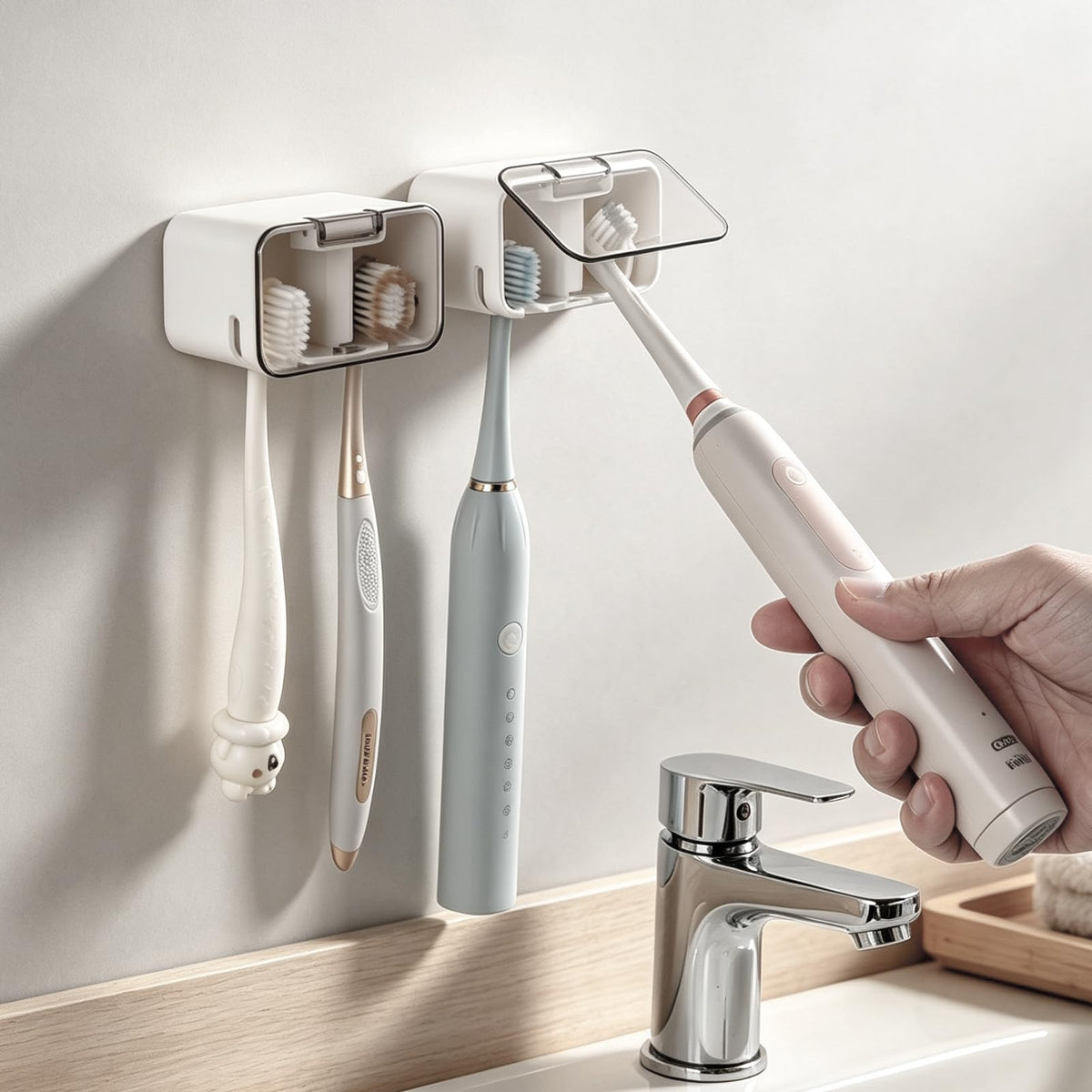 Toothbrush Holder Wall Mounted with Pop-Up Waterproof Cover, 2 Slots & Ventilated, No-Drill Adhesive Bathroom Organizer, Detachable Easy Clean, Fits Most Manual & Electric Toothbrushes (1pc Grey)