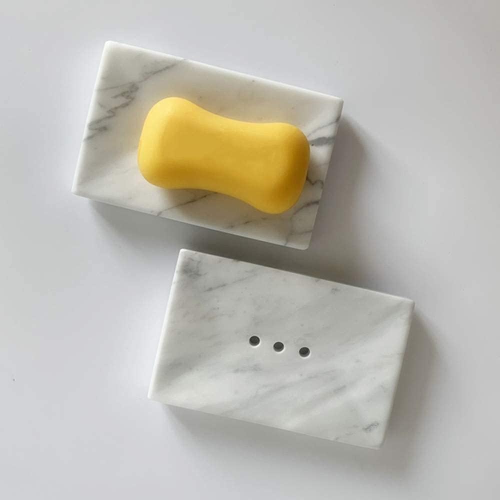 Natural Smooth Real Marble Soap Dish/Facial Sponge Holder/Bathroom Makeup Sponge Tray with Draining Hole (White Carrara)