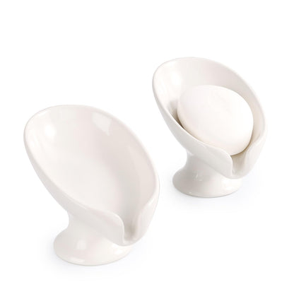 Soap Dish, Self Draining Bar Soap Holder for Bathroom Sink, Leaf-Shaped Drainage Ceramic Cream White Porcelain Decorative Soap Dish, ANTIS'S HOME