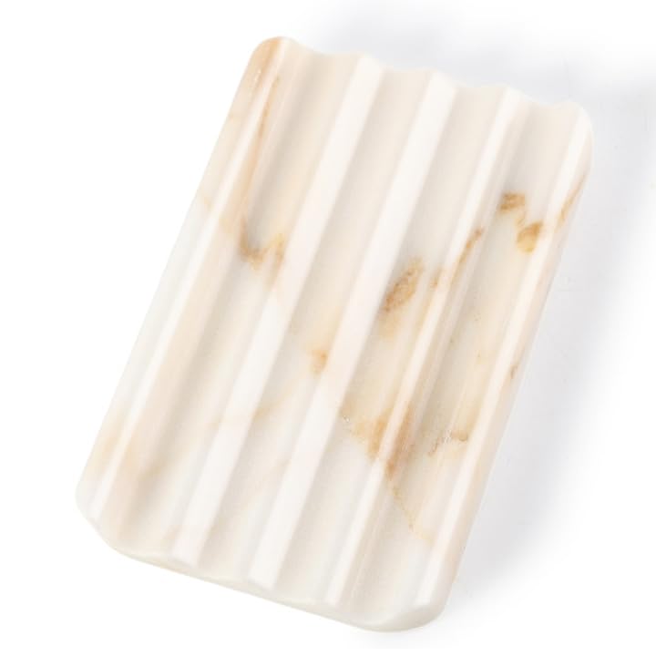 Koville African Natural Marble Soap Dish for Shower, Stone Soap Tray for Bathroom, Bar Soap Holder for Sink, Stripe Grooves Soap Saver Stone Dish Keep Bars Dry Easy Clean (Namib Bianco)