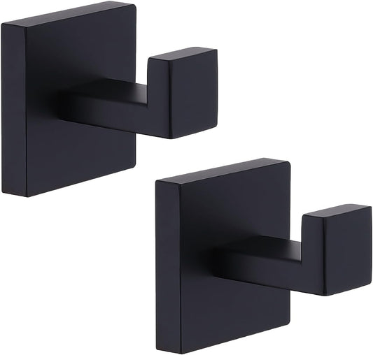 TASTOS Bath Towel Hooks Matte Black, 2 Pack Stainless Steel Robe Coat and Clothes Hook, Heavy Duty Wall Hook for Bathroom & Kitchen, Modern Square Style Wall Mounted (Black)