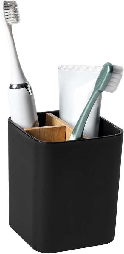 Bamboo Toothbrush Holder for Bathrooms Toothpaste Organizer - Black