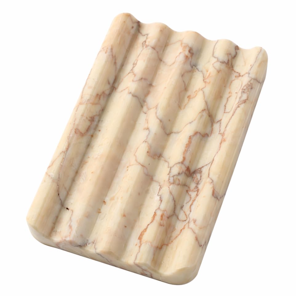 Koville Natural Marble Soap Dish for Shower, Stone Soap Tray for Bathroom, Bar Soap Holder for Sink, Stripe Grooves Saver Stone Dish Tray Keep Bars Dry Easy Clean(Palissandro Classico)