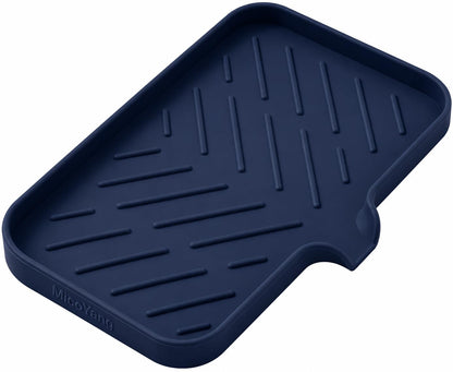 MicoYang Silicone Soap Dish with Drain Spout, Self-Draining Sink Organizer Tray for Bathroom and Kitchen, Sponges, Dispensers and Soap Holder, Non-Slip and Dishwasher Safe, Black (Compact, 4.9"×3.2")