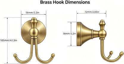 2 Pcs Pack Antique Brass Towel Hook Vintage Coat Hook with 2 Hooks Wall Mounted Robe Hooks for Bathrooms and Kitchen Bronze Hand Towel Hook Hanger with Brushed Gold Finish