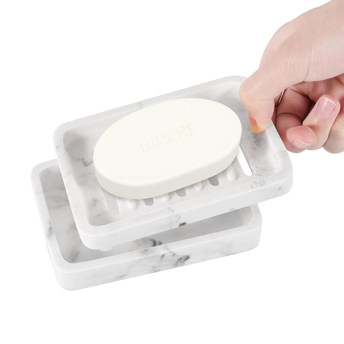 Luxspire Bamboo Soap Dish, Resin Holder with Drainage, Gravel White