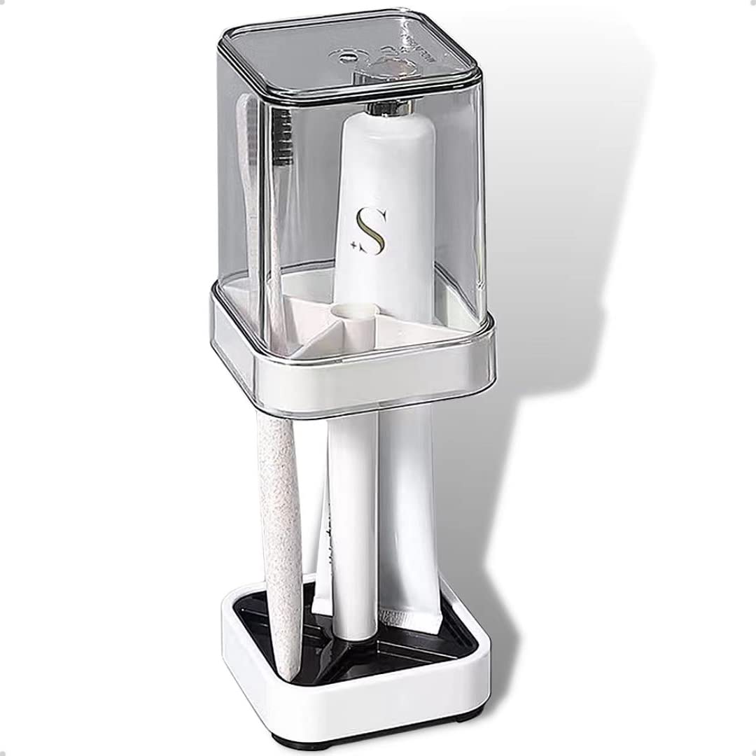Toothbrush Holder with Cup/Cover Contains 3 Slots, Compatible with Conventional Toothbrushes, Can Store Toothpaste (Rectangle)