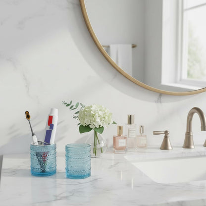 Blue Toothbrush Holders for Bathrooms, Glass Toothbrush Holder with 2 Slot Divider, 10oz Bathroom Tumbler and Mouthwash Cup, Tooth Brush Holder for Brushes, Toothpaste