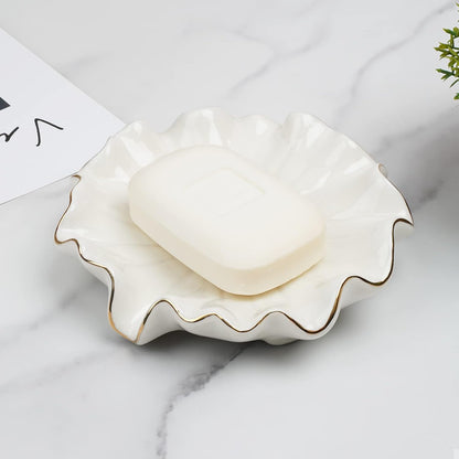 Ceramic Self Draining Soap Dish White Lotus Leaf Soap Holder Waterfall Soap Dish Soap Savers for Bar Soap, for Bathroom, for Shower, for Bar Counter