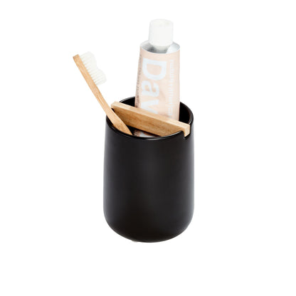 iDesign Ceramic Earth Collection Toothbrush Holder, Moss/Natural Wood
