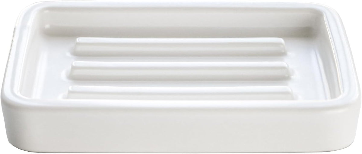 Matte Ceramic Soap Dish with Raised Ridges, Rectangle Bar Soap Holder for Bathroom Counter, Shower and Kitchen Sink, White