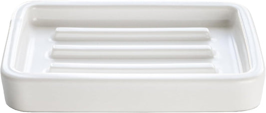 Matte Ceramic Soap Dish with Raised Ridges, Rectangle Bar Soap Holder for Bathroom Counter, Shower and Kitchen Sink, White