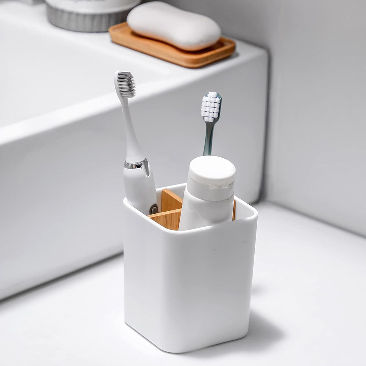 Bamboo Toothbrush Holder for Bathrooms Toothpaste Organizer - White