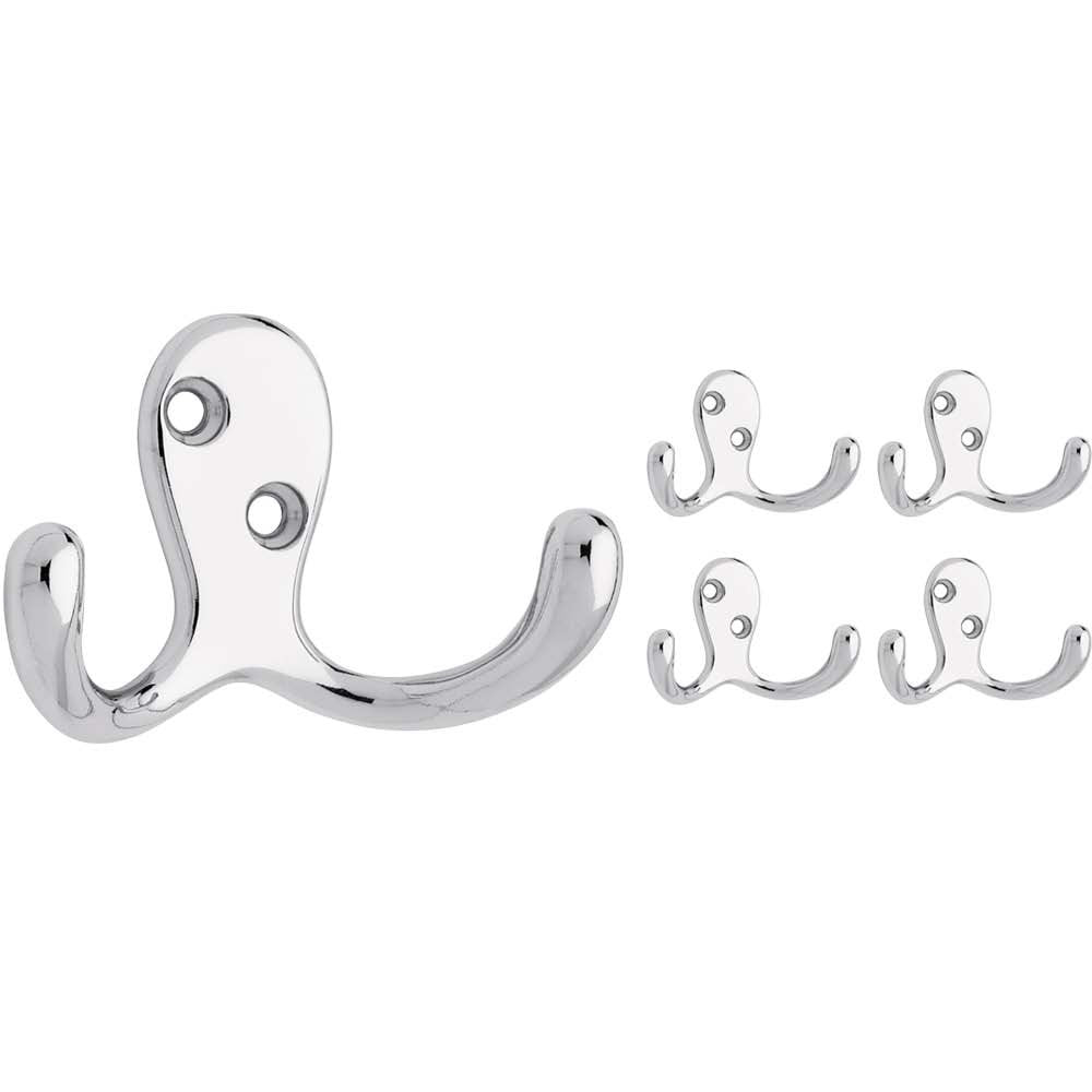 Franklin Brass (5-Pack) Double Wall Hooks 2-Prong Coat/Hat Matte Nickel Hooks for Hanging Wall Mount Hanger Clothes, Purse, Bag, Towel Organization Decorative Wall Hooks FBDPRH5-MN-C
