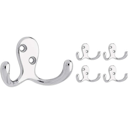 Franklin Brass (5-Pack) Double Wall Hooks 2-Prong Coat/Hat Matte Nickel Hooks for Hanging Wall Mount Hanger Clothes, Purse, Bag, Towel Organization Decorative Wall Hooks FBDPRH5-MN-C