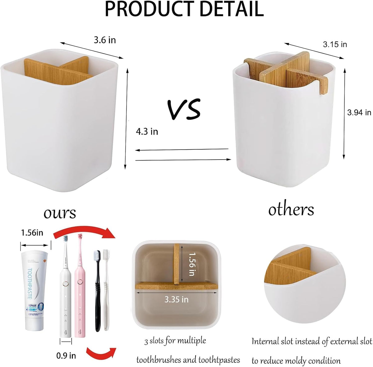 Bamboo Toothbrush Holder for Bathrooms Toothpaste Organizer - White