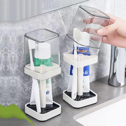 Toothbrush Holder with Cup/Cover Contains 3 Slots, Compatible with Conventional Toothbrushes, Can Store Toothpaste (Rectangle)