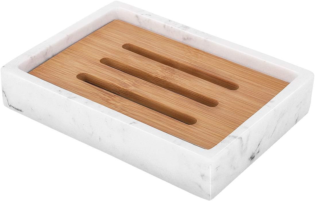 Luxspire Bamboo Soap Dish, Resin Holder with Drainage, Gravel White