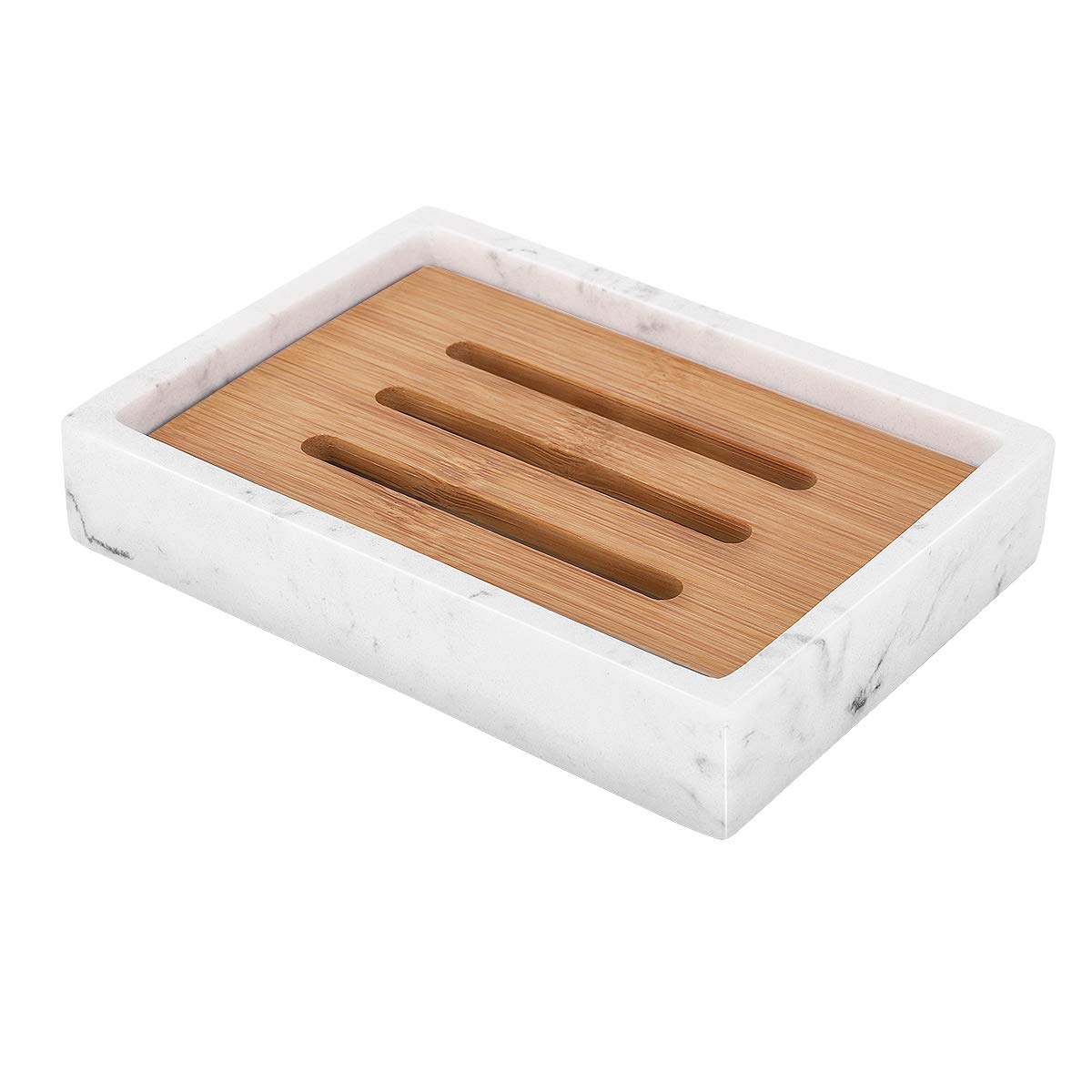 Luxspire Bamboo Soap Dish, Resin Holder with Drainage, Gravel White
