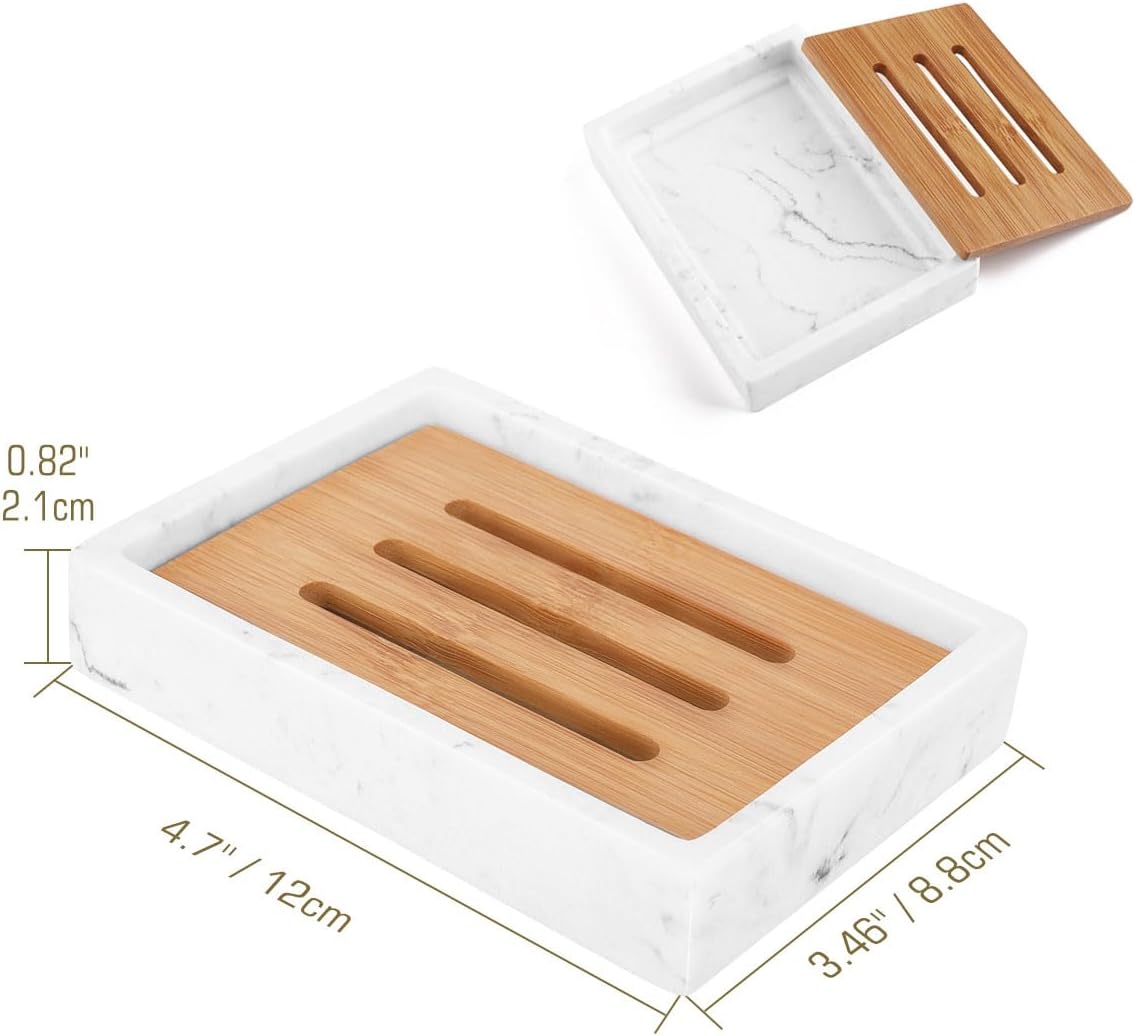 Luxspire Bamboo Soap Dish, Resin Holder with Drainage, Gravel White