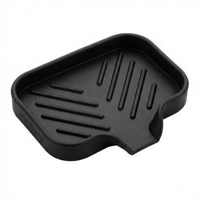 MicoYang Silicone Soap Dish with Drain Spout, Self-Draining Sink Organizer Tray for Bathroom and Kitchen, Sponges, Dispensers and Soap Holder, Non-Slip and Dishwasher Safe, Black (Compact, 4.9"×3.2")