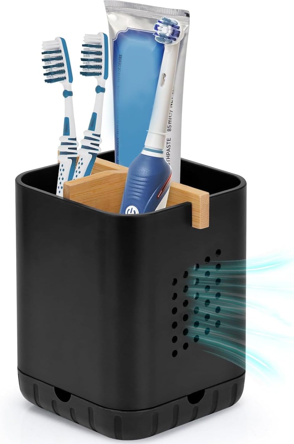 Boperzi Black Toothbrush Holders for Bathroom, Electric Toothbrush Holder with Bamboo Divider, Detachable Anti-Slip Toothbrush and Razor Holder Drainage for Shower, Toothbrush Organizer and Storage