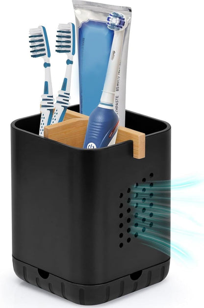 Boperzi Black Toothbrush Holders for Bathroom, Electric Toothbrush Holder with Bamboo Divider, Detachable Anti-Slip Toothbrush and Razor Holder Drainage for Shower, Toothbrush Organizer and Storage