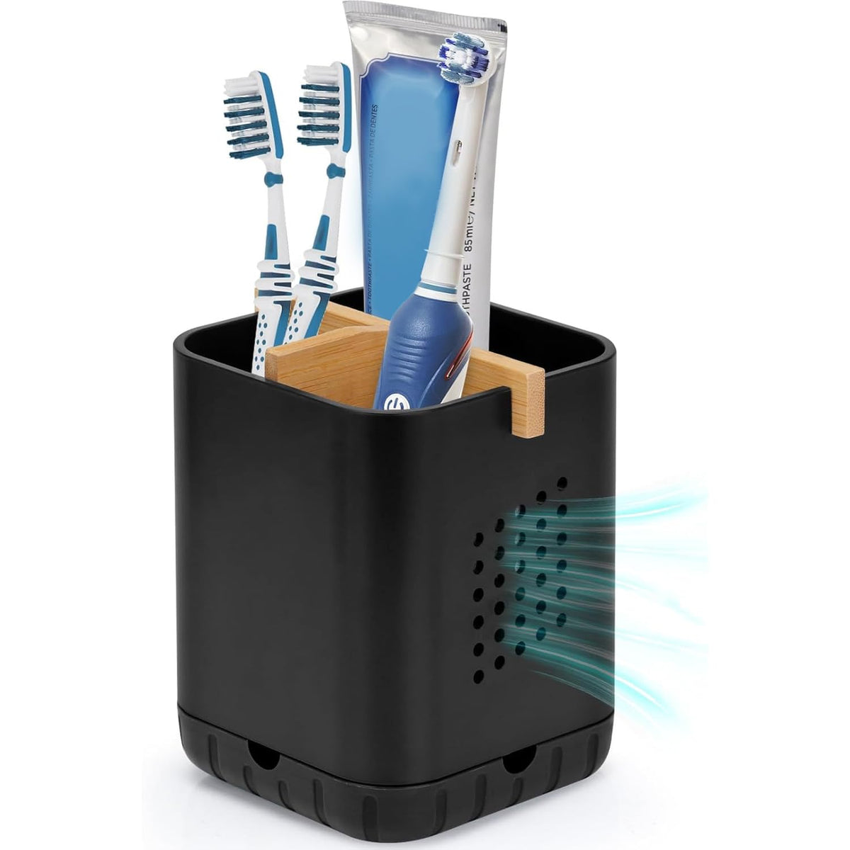 Boperzi Toothbrush and Toothpaste Holder with Bamboo Divider for Bathroom Countertop Organizer, Plastic Detachable Anti-Slip Large Electric Toothbrush Holders Storage Caddy Drainage for Family, Kids