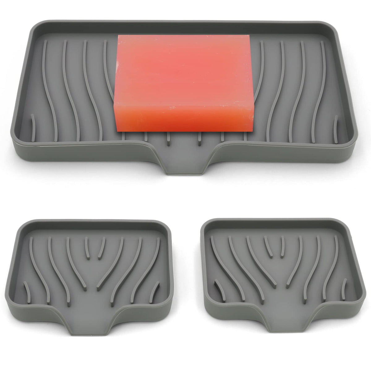 AIMAIAIMAI 3-Pack Silicone Soap Dish Set – Bar Soap Holder with Self-Draining Design, Easy-Clean Tray for Shower, Bathroom, Kitchen, and Tub (Gray)