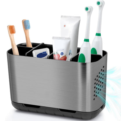 Boperzi Toothbrush and Toothpaste Holder Drainage for Bathroom Countertop with Adjustable Dividers, Large Toothpaste Caddy Organizer Storage Rustic Decor Set Anti-Slip for Shower,Family,Kids Gray