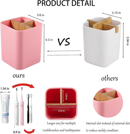 Bamboo Toothbrush Holder for Bathrooms Toothpaste Organizer - Pink