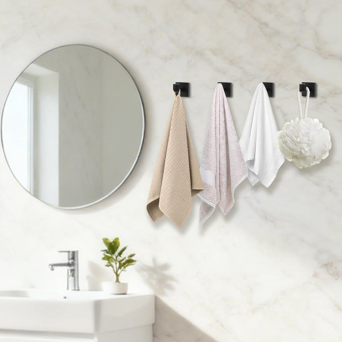 4 Pack Black Towel Hook, Stainless Steel Wall Hooks for Bathrooms