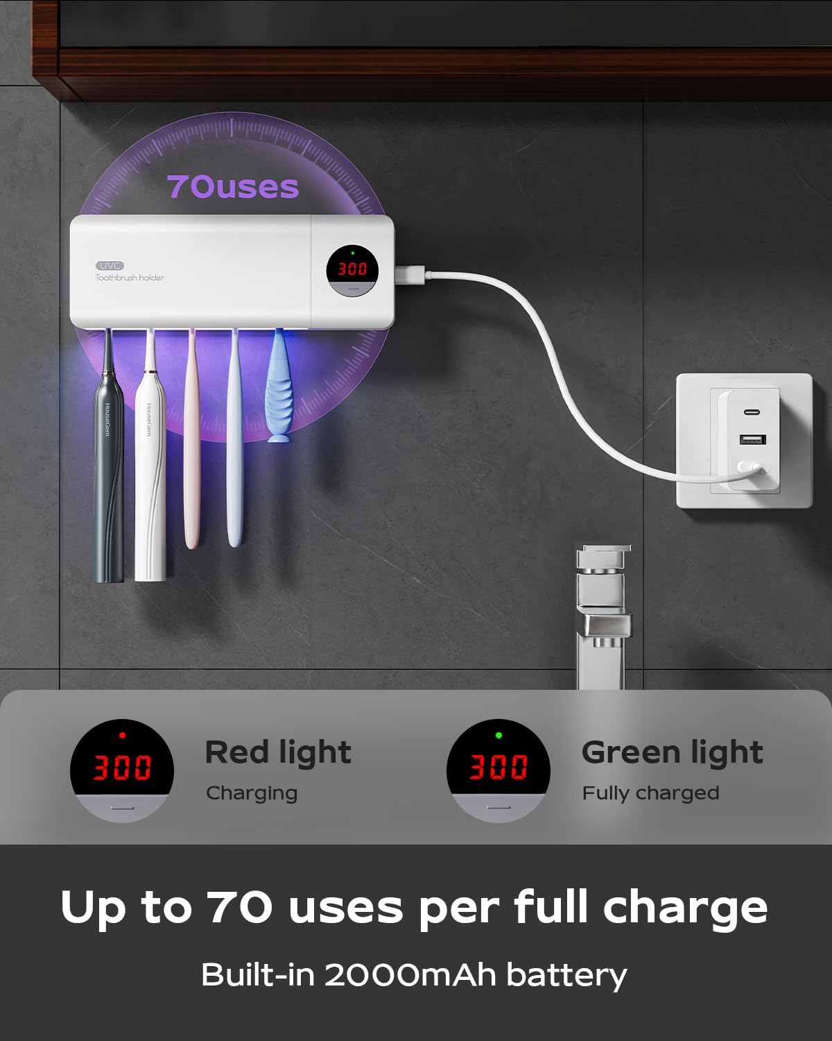 Toothbrush Holder for Bathroom Wall Mounted, Rechargeable - White