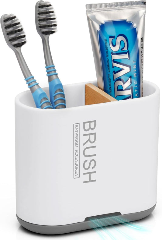 Bamboo Toothbrush Holder for Bathrooms Toothpaste Organizer, Small, White