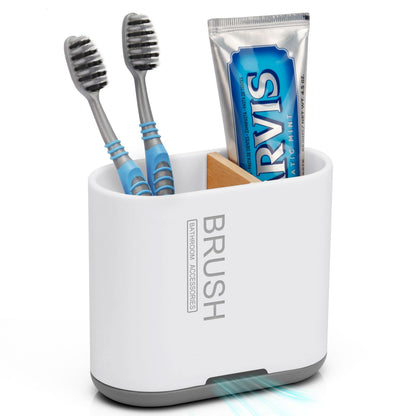 Bamboo Toothbrush Holder for Bathrooms Toothpaste Organizer, Small, White
