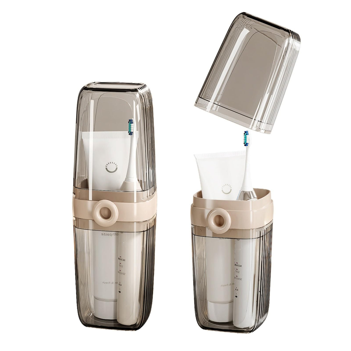 Topavatop Toothbrush Travel Case, 2 in 1 Toothbrush Holder and Rinse Cup, Large Capacity Toothbrush Cup with Cover, Portable Travel Toothbrush Holder for Traveling, Camping, Trip - 1Pcs - Beige&Clear