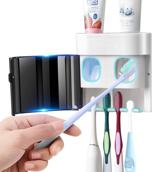GFWARE Toothbrush Holder Toothpaste Dispenser Wall Mounted with Cover, 4 Slots Tooth Brush Storage Organizer with Automatic Kids Toothpaste Squeezers for Shower Bathroom Black