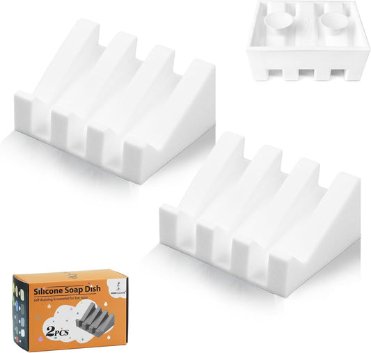 Silicone Soap Dish Self Draining with Suction Cups (White, 2 Pack)