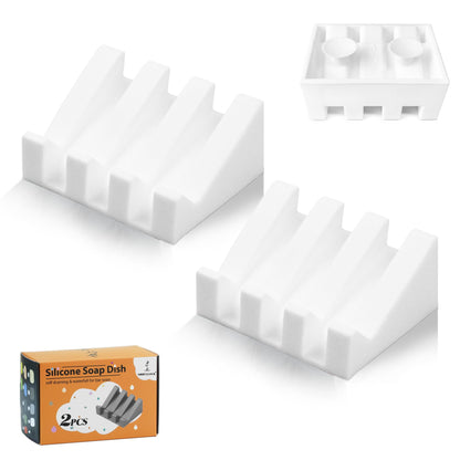Silicone Soap Dish Self Draining with Suction Cups (White, 2 Pack)