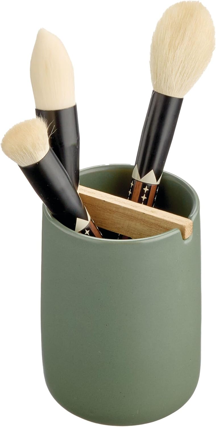 iDesign Ceramic Earth Collection Toothbrush Holder, Moss/Natural Wood